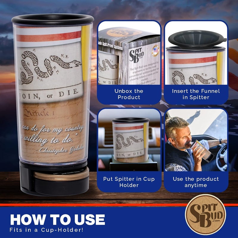 Spit Bud Join or Die The Ultimate Spittoon for Chew - Portable Dip & Snuff Cup with Lid, Pop Tab, Spill-Proof Funnel, Can Cutter & Holder - Fit in Cup Holders - Holds 8oz - Made in USA - Image 4